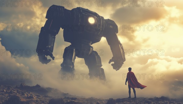 Superhero Battling Enormous Evil Robot - Exciting Clash Of Good Versus Evil In A High-Stakes Showdown To Save Humanity, AI generated