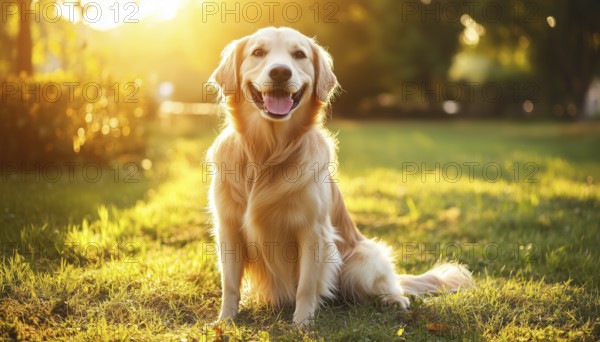 Gorgeous And Intelligent Golden Retriever Enjoying The Sun In A Lush Garden Park. A Pet'S Paradise In The Backyard, AI generated