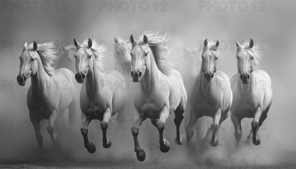 Group Of Gray-Toned Horses Charging Towards The Viewer, Creating A Powerful And Dynamic Image Of Movement And Grace In Nature, AI generated