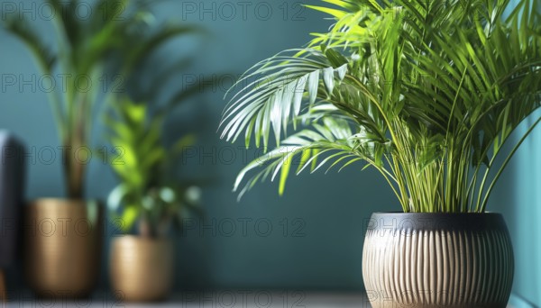Lush Green Plants In Stylish Pots Creating A Cozy Indoor Garden Against A Teal Wall With Modern Decor, AI generated