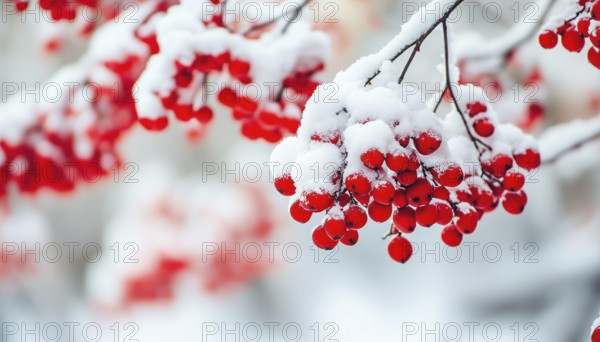 Breathtaking Winter Landscape: Snow-Laden Rowan Tree Branches With Vibrant Red Berries. Close-Up Shot With Wide Angle View For Web Design, AI generated