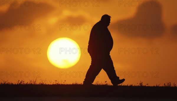 Sunlit Fat Man Silhouetted Walking Against The Sun'S Rays, Exuding A Sense Of Peace And Contentment In The Leisurely Stroll, AI generated