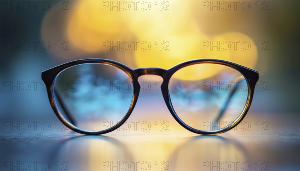 Close-Up Of Eyeglasses With Progressive Lenses For Elderly People On Table, Soft Focus Background, View Through Eyeglasses, AI generated