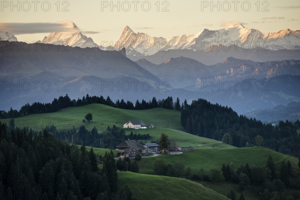 Panorama, snow-covered mountains, Bernese Oberland, view from Lüderenalp, sunrise, Emmental, Canton of Bern, Switzerland