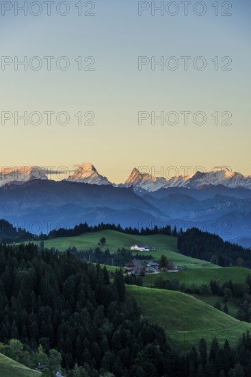Panorama, snow-covered mountains, Bernese Oberland, view from Lüderenalp, sunrise, Emmental, Canton of Bern, Switzerland