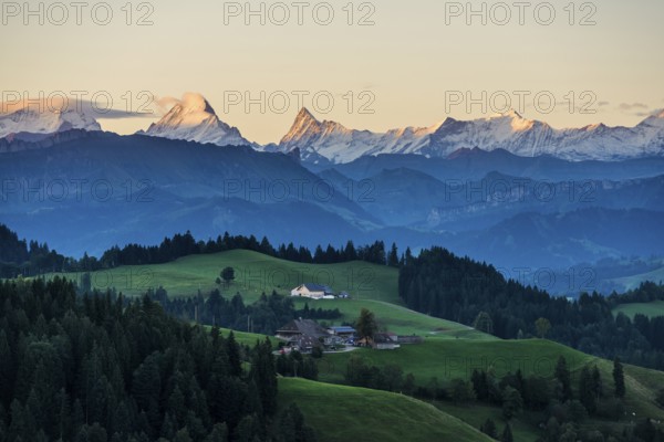 Panorama, snow-covered mountains, Bernese Oberland, view from Lüderenalp, sunrise, Emmental, Canton of Bern, Switzerland