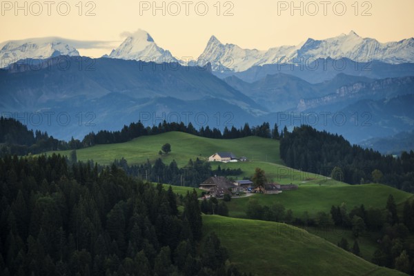 Panorama, snow-covered mountains, Bernese Oberland, view from Lüderenalp, sunrise, Emmental, Canton of Bern, Switzerland