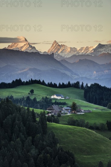 Panorama, snow-covered mountains, Bernese Oberland, view from Lüderenalp, sunrise, Emmental, Canton of Bern, Switzerland