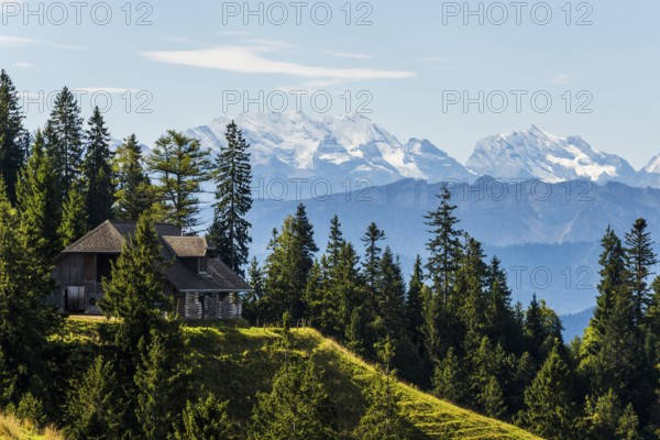 Panorama, snow-covered mountains, Bernese Oberland, view from Lüderenalp, Emmental, Canton of Bern, Switzerland