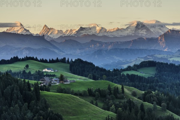 Panorama, snow-covered mountains, Bernese Oberland, view from Lüderenalp, sunrise, Emmental, Canton of Bern, Switzerland
