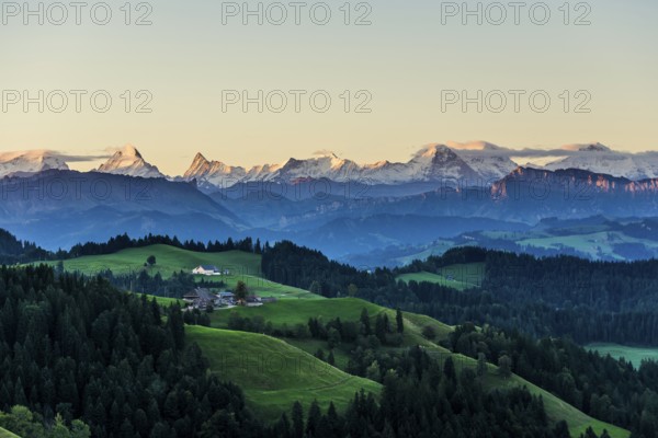 Panorama, snow-covered mountains, Bernese Oberland, view from Lüderenalp, sunrise, Emmental, Canton of Bern, Switzerland