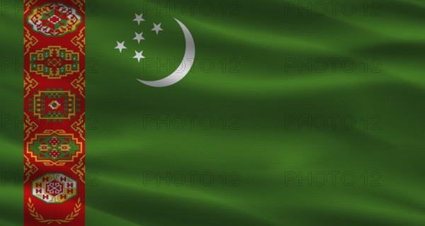 Turkmenistan flag with fabric texture. Realistic flag of Turkmenistan waving