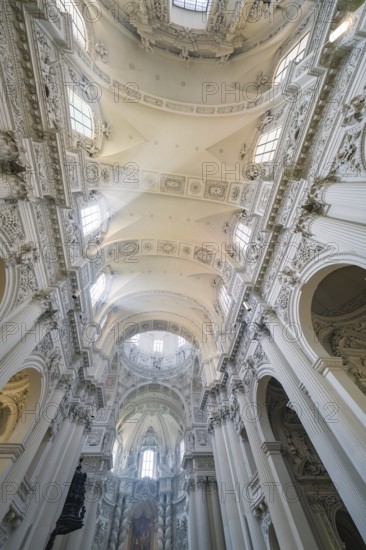 Impressive baroque church architecture with ornately decorated ceiling in the interior, Munich, Germany