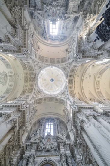 Artfully decorated baroque ceiling view with refined architecture and rich details, Munich, Germany