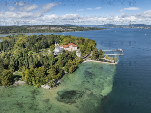 The island of Mainau in Lake Constance with the jetty and the baroque Mainau Castle, built between 1739 and 1746, aerial view, district of Constance, Baden-Württemberg, Germany