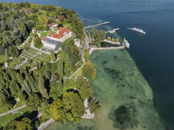 The island of Mainau in Lake Constance with the jetty and the baroque Mainau Castle, built between 1739 and 1746, aerial view, district of Constance, Baden-Württemberg, Germany
