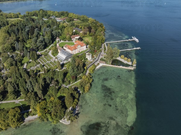 The island of Mainau in Lake Constance with the jetty and the baroque Mainau Castle, built between 1739 and 1746, aerial view, district of Constance, Baden-Württemberg, Germany