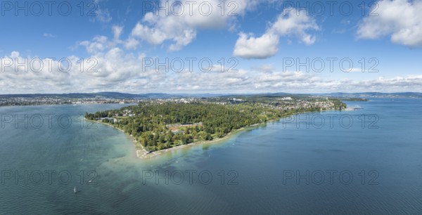 Aerial view, panorama of Lake Constance with Strandbad Horn, Bodenseestadion and Lorettowald, on the horizon the city of Constance, district of Constance, Baden-Württemberg, Germany