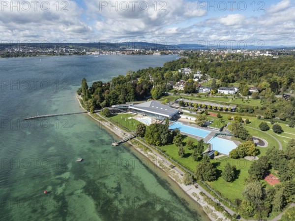 Aerial view of the Lake Constance-Therme, outdoor swimming pool in Constance, district Petershausen, on the horizon the city of Constance, district of Constance, Baden-Württemberg, Germany