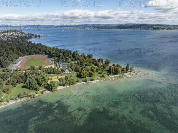 Aerial view of Lake Constance with the Horn lido and Lake Constance stadium, Constance district, Baden-Württemberg, Germany