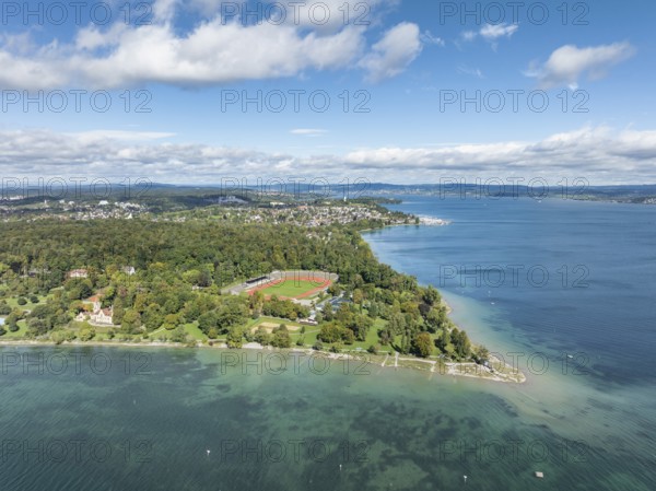 Aerial view of Lake Constance with Strandbad Horn, Bodenseestadion and Lorettowald, district of Constance, Baden-Württemberg, Germany