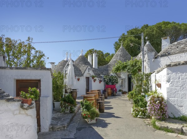Sunny impression of trulli houses at a town named Alberobello in Apulia, Italy