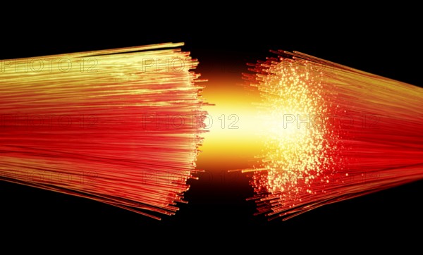 Vibrant illuminated symbolic optical fibers connection closeup in black back