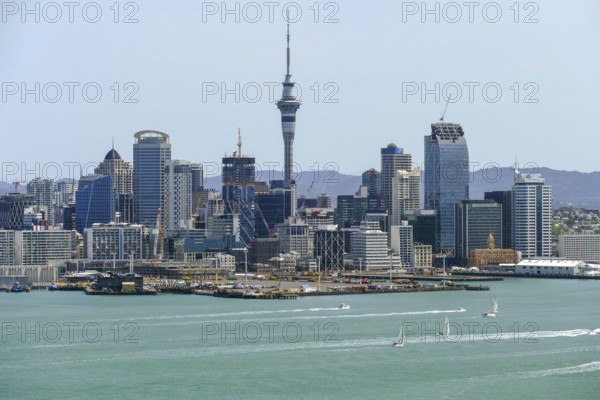 Skyline of Auckland, a large city in the North Island of New Zealand