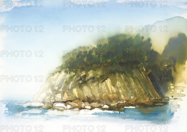 Watercolor painting showing a coastal landscape in Tuscany at summer time