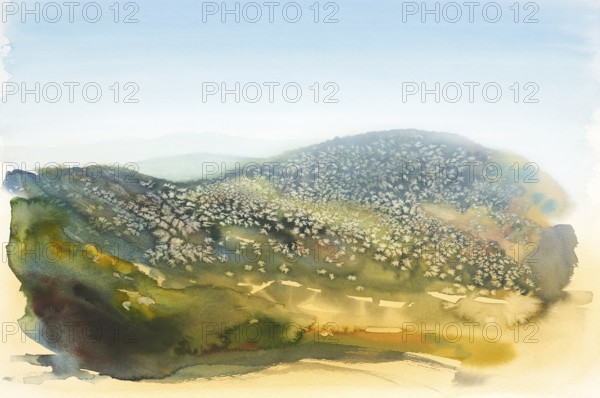 Watercolor painting showing a landscape in Tuscany at summer time