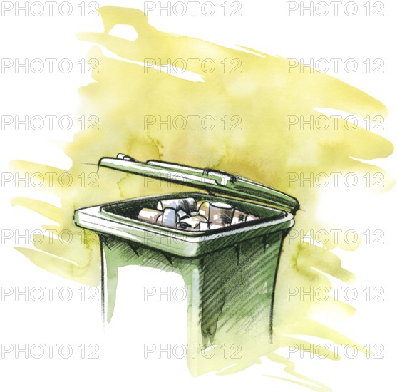 Watercolor and crayon illustration of a open green trash can