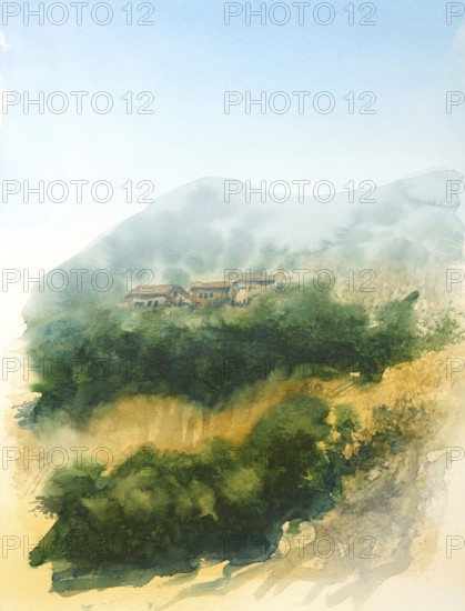 Watercolor painting showing a landscape in Tuscany at summer time