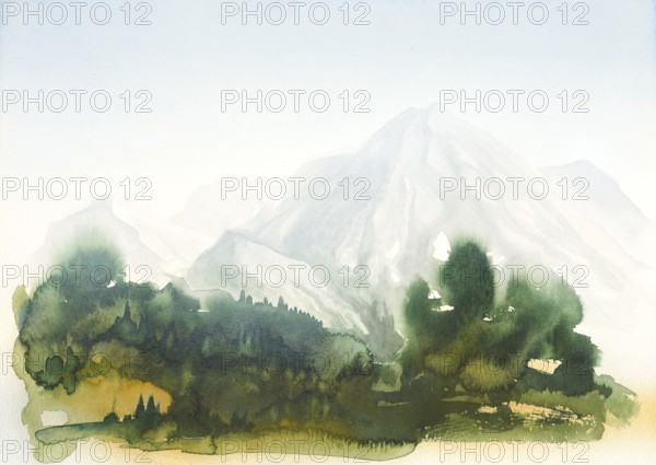 Watercolor painting showing a landscape in Tuscany at summer time