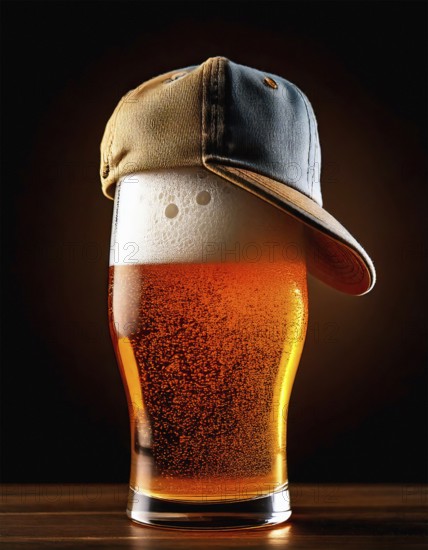 AI generated closeup image showing a glass of beer with baseball cap on its top