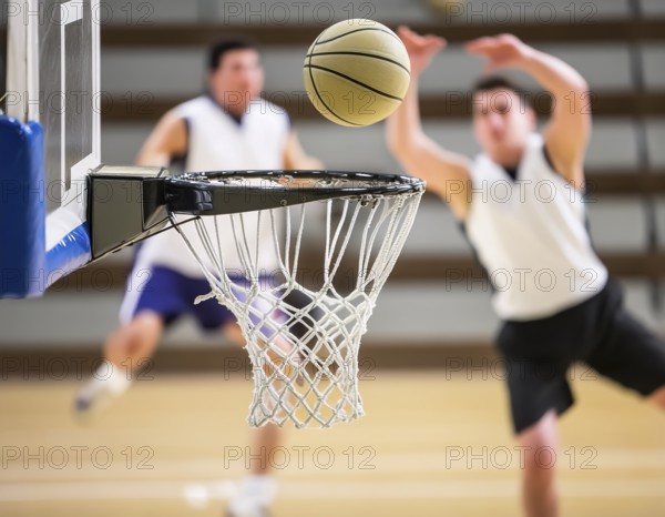 AI generated image showing a basketball scenery with basketball and hoop closeup