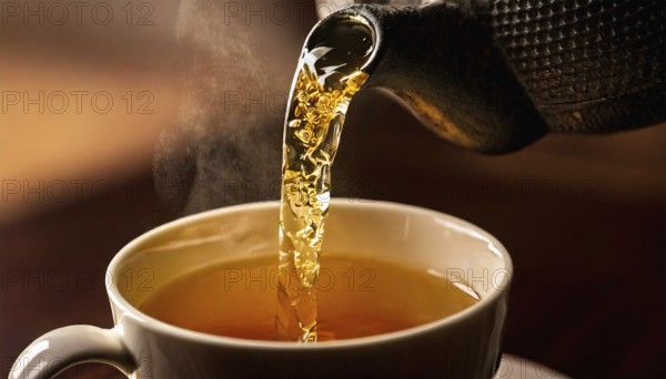 AI-generated close-up image showing a teapot from which tea is poured into a cup, AI generated