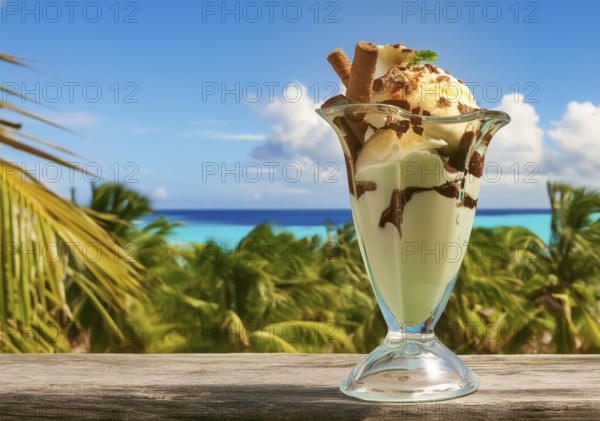 Ice cream sundae with chocolate flakes in sunny tropical ambiance, AI generated image
