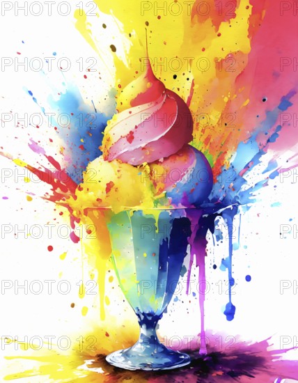 Sweet consumption theme showing a bowl of ice cream in multicolored vibrant splashy ambiance. AI generated image with lots of paint splashes, splatter and spots