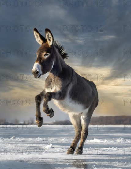 Donkey on ice in sunny ambiance, based on the proverb When the donkey is feeling too good, it goes dancing on ice regarding high spirits, AI generated