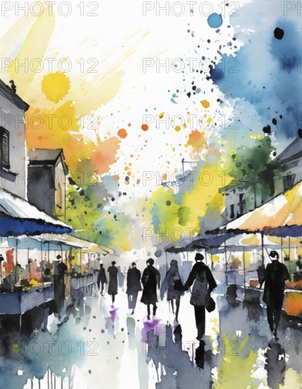 AI generated lifestyle theme showing an urban street market scenery with lots of people in multicolored vibrant watercolor ambiance