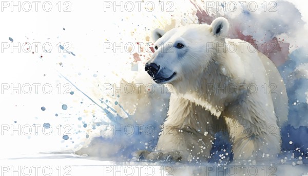 Animal and wildlife theme showing a polar bear in vibrant splashy ambiance. AI generated image with lots of paint splashes, splatter and spots