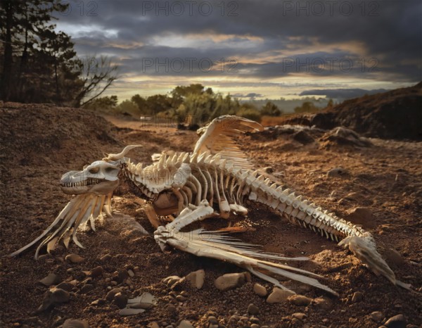 AI generated image showing a dragon skeleton on dry ground in sere ambiance at evening time