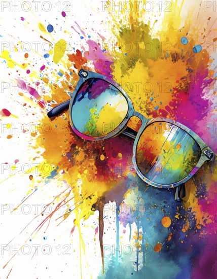 Eyewear and vision theme showing a pair of glasses in multicolored vibrant splashy ambiance. AI generated image with lots of paint splashes, splatter and spots