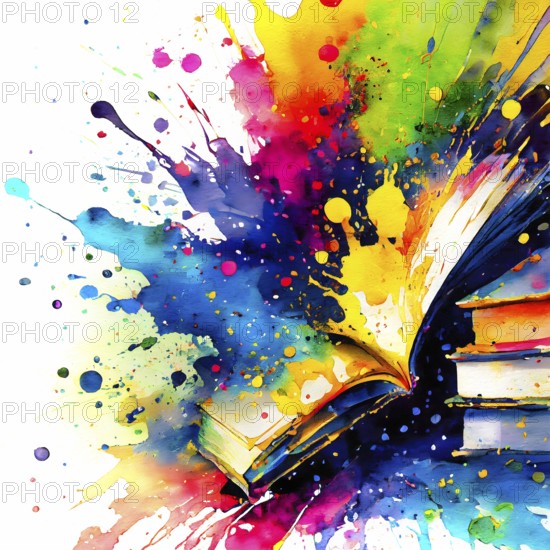 Books and reading theme showing some books in multicolored vibrant splashy ambiance. AI generated image with lots of paint splashes, splatter and spots