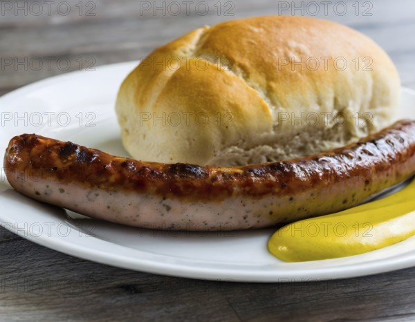 Fried sausage with mustard and a bread roll on a plate (AI generated)