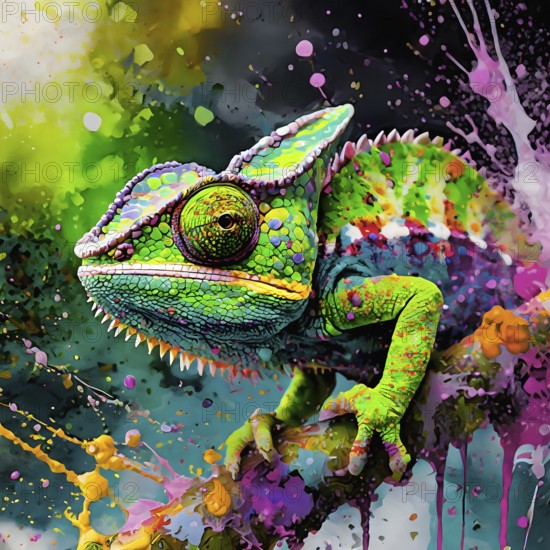 Animal and alteration theme showing a chameleon on a twig in multicolored vibrant splashy ambiance. AI generated image with lots of paint splashes, splatter and spots