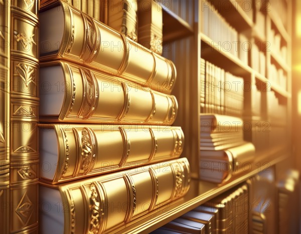 AI generated image showing some stacked golden books and others in golden ambiance