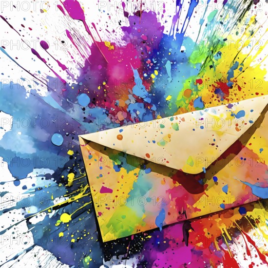 Messaging and conversation theme showing a envelope in multicolored vibrant splashy ambiance. AI generated image with lots of paint splashes, splatter and spots
