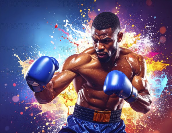 Boxer in flashy ambiance. AI illustration with colorful light effects and fiery liquid splashes, AI generated