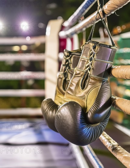 AI generated image showing a boxing scenery with boxing gloves and boxing ring